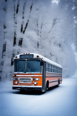 A super high-resolution 2 terapixel photograph of an abandoned bus in January. The scene captures the intricate frost formations on the bus and the surrounding trees, with a gentle snowfall adding to the winter wonderland effect. The dim winter light creates a mystical ambiance around the bus formations. Captured with a Nikon Z7 II and a 24-70mm f/2.8 lens, focusing on the serene, frozen beauty of the park.