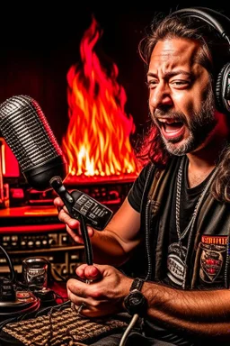 Man firestarter with a microphone in hand, hard rock man and metal radio host sleeping in the background