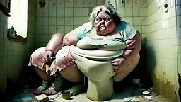 big lady sits on crumbling toilet