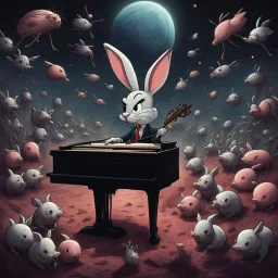 dark colours bugs bunny being a composer piano violin and is surrounded by swarm pig pig swinewasp swine pigpen pigsty on an diffrent planet cosmos lovecraft