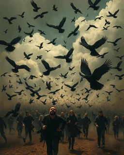 Bosch painting style, nightmare , people in hell , dramatic, great quality picture with cinematic scenes , clouds in the background, black birds fill the backgrounds black birds hovering in circles, black birds small from a distance covering the whole background, people are running in fear the birds attacking the people and took them in the crowded sky