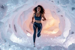 make a video pretty crystal cave covered with jewells and CIFI jewell lights and 3d recursive cubic and sphere base pearls and jwells a beautiful fashion model lady with cute,curvy hair,makeup, in pretty sports suit is running inside cave ,dynamic camera fallow her inside cave capturing full body, dynamic lights.