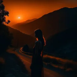 dark night, watching a woman from behind wearing a sleeveless dress, mountains and forests next to the road, a beautiful orange sunrise in the distance, photo quality