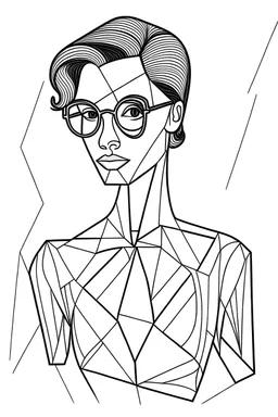 Cubist Line drawing of a lady with glasses triangular full body