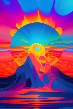 A Painting Of A Sunset, An Airbrush Painting By Petros Afshar, Artstation, Psychedelic Art, Irridescent, Ray Tracing, Psychedelic