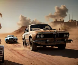 Realistic image. Mad max car. BMW 4 series, 2023 . woman in the foreground. 4k resolution, intricate details, ornate details, soft lighting, vibrant colors, mad max background