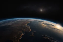 تصوير جوي للأرض من الفضاء، حيث يظهر الكوكب الأزرق الجميل في خلفية مظلمة وغامضة. تتلألأ سطح الأرض بألوانها المتعددة، ويتجلى لمحة من السحب والمحيطات. تنعكس ضوء الشمس بلطف على الجانب المضاء، مشيرةً إلى التنوع والجمال الذي تحمله هذه الكوكبة المعجزة.