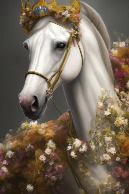 full Closeup portrait of a lipizzaner horse wearing crown of flowers, smooth soft skin, soft lighting, detailed face, concept art, digital painting, looking into camera, hyper realistic with fine details