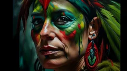 Extreme close-up portrait of a 34-year-old Amazonian woman with red and black face paint and feather earrings, a small green parrot perched near her cheek, powerful direct gaze, blurred dark green background, contemporary expressionist painting style.