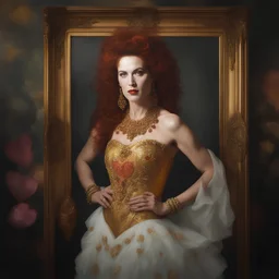 facial portrait, Paul Stanley/Ray Stevenson/Elvis Presley/Thomas Jane/Dolph Lundgren/Jon Bernthal/Jeffery Dean Morgan as a beautiful auburn-haired queen of hearts wearing a gold Swimming suit, dark, multicolored watercolor stained wall in the background, oil painting in the art style of Gilbert Stuart, 32k UHD, Hyper realistic, photorealistic, realistic, sharp, highly detailed, professional quality, beautiful, awesome, majestic, superb, trending on artstation