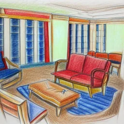 A living room with armchair and fancy stools. colored pencil sketch