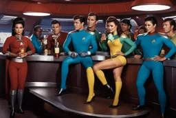 [Star Trek, drinking] a mix of men and women engineers in underwear doing iconic advertisement for variety of drinks like Saurian Brandy, Romulan Ale, Andorian ale and Bloodwine at the bar of the starship