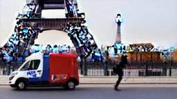 A police Tesla Cybertruck is chasing a Tesla 'Model S Plaid' at top speed, by the Eiffel Tower, in Paris. CINEMATIC. WIDE ANGLE LENS.