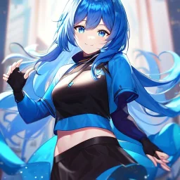 Clear focus,High resolution, Vibrant short blue hair, Vibrant blue eyes, Wearing a black short skirt,black crop top sleevelss,blue cut sleeves,black fingerless gloves, Smiling,Long bangs