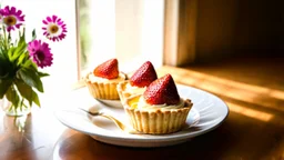 close up three delicates tart cakes filled citrone creme top strawberry, on a nice ceramic plate on a wooden table. professional food photo, Natural, warm sunlight streams in from a window on the left, casting pleasant shadows and creating a cozy, vase with meadow flowers, relaxed morning atmosphere