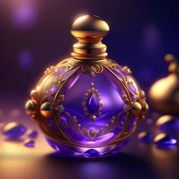 Golden round perfume bottle with purple crystal cap and small purple decorations. Illustrative art, art interpretation, concept art, cgsociety contest winner, seasonal art, seasonal art HD, 4k, 8k, intricate, detailed, intricately detailed, luminous, translucent fantasy crystal, holographic data, soft body, shadow play, light, fog, atmospheric, cinematic, light film, hyper-detailed, hyper-realistic, masterpiece, atmospheric, high resolution, 8k, HDR, 500px, mysterious and artistic digital art, p