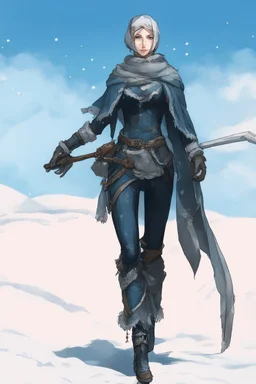 A female cleric dressed for the winter, with brown hair. Snowy background