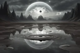 grey sky, planet in the sky, puddle, sci-fi, mountains, galactic cosmic influence