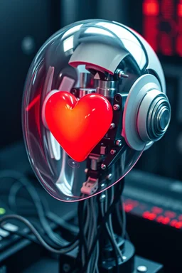 Photo of red heart on robot face inside A glass cylinder connected with wires to main computer