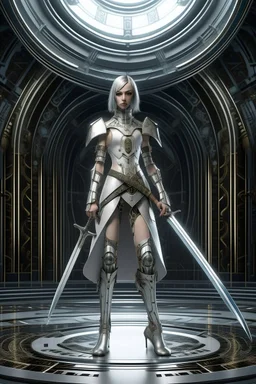 full body picture of a skinny woman with a bob, in silver armour, holding a curved sword, futuristic steampunk background