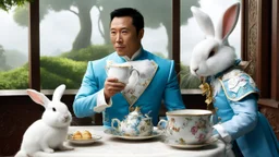 Donnie Yen with a rabbit outfit taking tea with Alice in wonderland