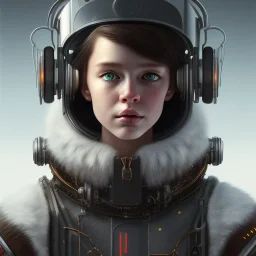 Cyberpunk Portrait of cyborg cat child with brown hair and with cute face, north pole snowy vibe , perfect composition, hyperrealistic, super detailed, 8k, high quality, trending art, trending on artstation, sharp focus, studio photo, intricate details, highly detailed, by greg rutkowski