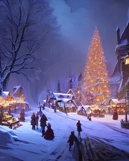 A magical snowy gothic warlock Christmas market with a large Christmas tree and a castle