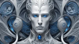 a pale scandinavian man in a swirl of three patterns, in the style of cybernetic sci-fi, intricately sculpted, serene face, futuristic victorian, exquisite realism, dark white and blue, fantasy art, perfect face, perfect eyes, perfect nose, show chest