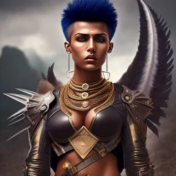 fantasy setting, woman, dark-skinned, indian, ranger, 23 years old, mohawk haircut, mohawk haircut