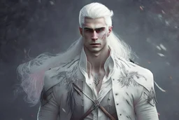 A Fantasy Human, a white masculine human with medium white hair. Battle Scars. Full body. Military clothes. HD