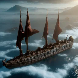 fleet of steampunk viking ships on Jupiter, 4k, highly detailed, cinematic, ultra photorealistic, ultra realistic, volumetric lighting