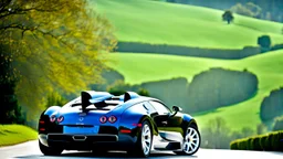 A sleek (((bugatti hyper super future veyron 16.4))),, cutting through a (((clear bright blue morning sky))) rear view