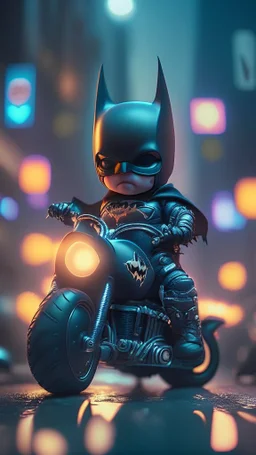 A Sharp Kawaii tiny hyper realistic baby batman riding mini harley davidson, wearing bikers clothes with freestyle action, night of cyberpunk city background. wide angle full body, 8k, Cinematography, photorealistic,epic composition Unreal Engine,Cinematic, Color Grading, Portrait Photography,Ultra-Wide Angle, Depth of Field, hyper detailed