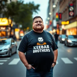 a little fat swedish man standing on a busy street wearing a t-shirt. a kebab brothers t shirt, with a kebab brothers logo