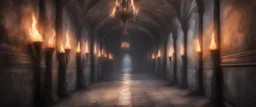 Hyper Realistic haunted hallway of a huge castle with flame torches on wall & spider cobwebs