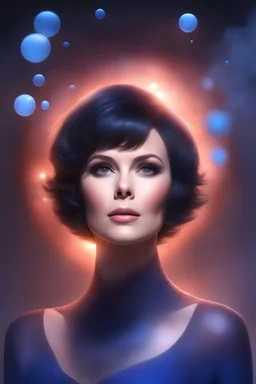 3D Bubbles, Floating hearts with an electrical current, fog, clouds, somber, ghostly mountain peaks, a flowing river of volcanic Lava, fireflies, a close-up, facial portrait of a totally gorgeous Marie Osmond with short, buzz-cut, pixie-cut Black hair tapered on the sides, wide open, cobalt blue eyes, smiling a big bright happy smile, wearing a hoodie over a red bikini, in the art style of Boris Vallejo