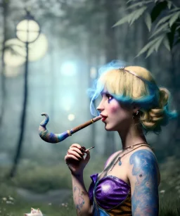 Ultra realistic wonderland photo, happy blonde woman smoking a pipe, blue dress, purple cat friend, circus dress style, old school tattoo, smoke, marijuana garden, glow eyes, perfect iris, soft color, highly detailed, unreal engine 5, cinematic, ultra detail, volumetric lighting, high definition.