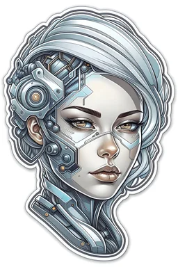 a sticker with a drawing of a woman's face, cyberpunk art inspired by Marco Mazzoni, Artstation, fantasy art, fantasy sticker illustration, intricate digital artwork, cyborg - girl with silver hair