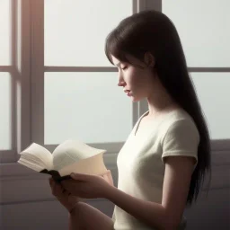 Study girl read a book in by the window, movie, real photo realistic, unreal engine, cinematic lighting --ar 1:1 creative