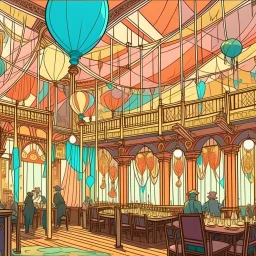 drawing of the interior of a birthday saloon with garlands, pennants, balloons, confetti, party spirit, music and colored lights, in the style of alphonse mucha