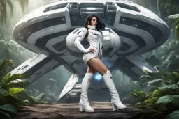 photorealistic slim woman with dark hair and white boots in a heroic pose in front of a fat wide spaceship in the jungle