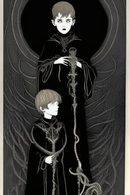 7 year old boy, necromancer, friendly, looks dead,with a lamprey serpent , wearing black robes, in the style of Harry Clarke