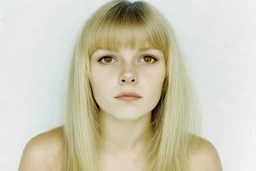 Polaroid, France Gall jeune,,cheveux long blonds, yeux marron, petit nez, visage poupin, , fond blanc, regard , epaules dénudées, grunge