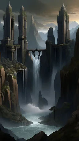 Fantasy city with 2 tall square black towers on the edge of a dam with a waterfall falling into a chasm below it in the mountains