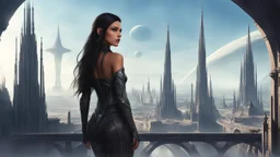 Exotic sci-fi skinny girl, with long dark hair, in an alien city, tall spires, buildings, bridges, and arches