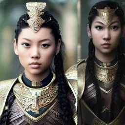 beautiful young asian queen with black armor, delicate black braided hair with ponytail, glass eyes, highly detailed, 8k, ambient light, taylor swift