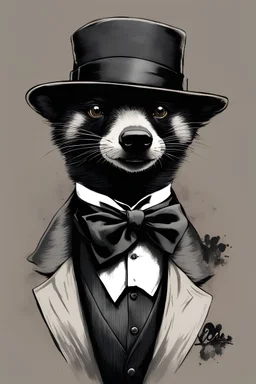 gentelman honey badger banksy style more detail to face portrait with hat & bow tie while evil smile also written does not care
