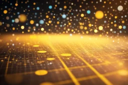 an image with mathematical surfaces in the background, is warm colours, and on the foreground stochastic trajectories in yellow, with a blinking point at their extremes, maths formula in foreground with a bokeh effect