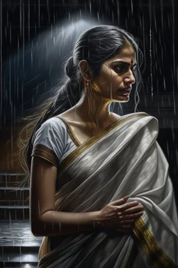 In the dimly light scene, an Indian woman stands gracefully in a wet off-white saree amidst heavy rain and powerful winds on a stormy night. This striking and hyper-realistic oil painting by Philipp Weber captures her beauty and resilience in hardship. The intricate details of the woman's expression, the flow of her saree, and the atmospheric effects of rain and wind are masterfully portrayed, creating a truly captivating and immersive experience for viewers.