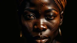 Extreme close-up portrait of a 34-year-old African woman with a traditional African ritual mask lifted onto her forehead, large copper earrings, warm side lighting on textured skin, intense eyes looking at the camera, minimal dark background, expressionist painting style inspired by Egon Schiele